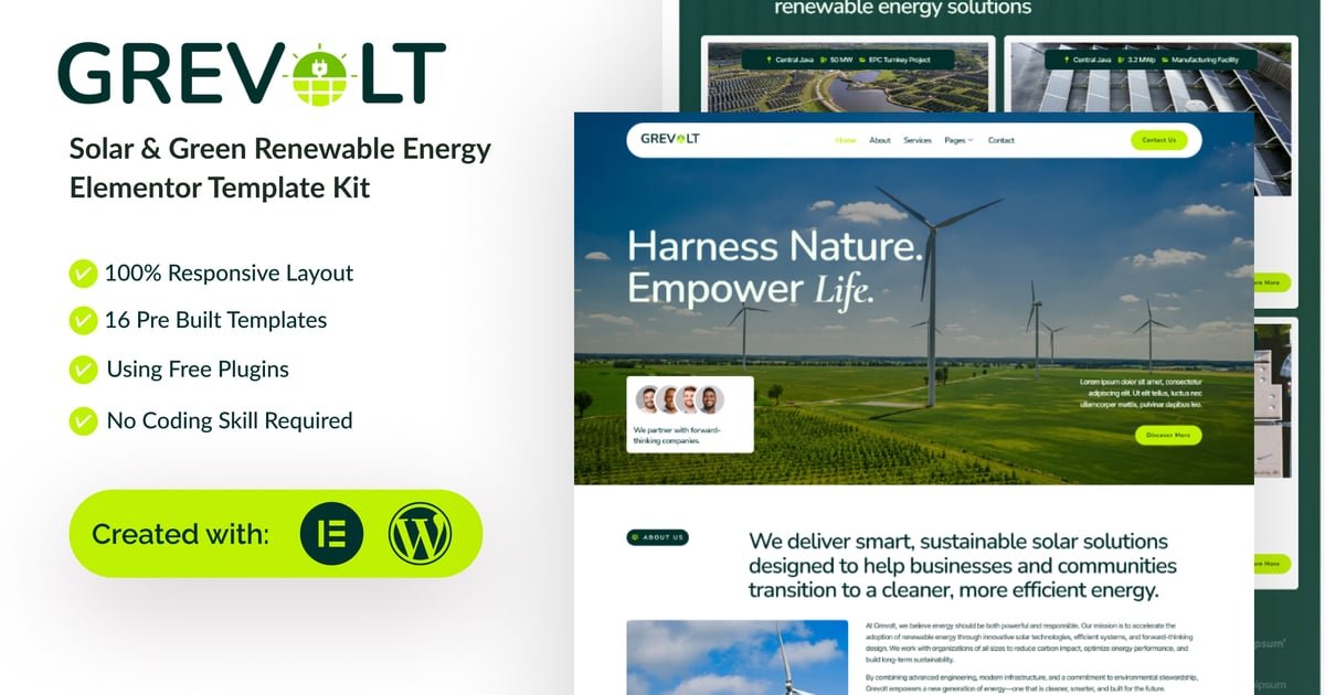 Grevolt – Solar & Green Renewable Energy Elementor Template Kit – Nulled Download – Empiregpl
