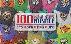 100 Animal Mascot T-Shirt Designs Bundle | Commercial License