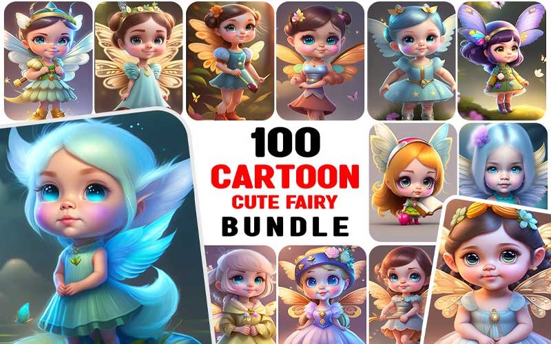 100+ Cute Cartoon Fairy Images Bundle | Extended License
