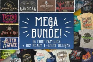 102 Retro T-Shirt Designs + 16 Font Families Bundle | Extended License