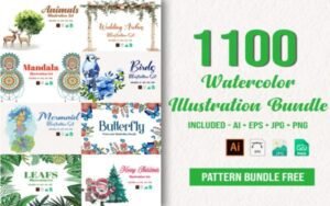 1100 Watercolor Illustrations Bundle | Commercial License