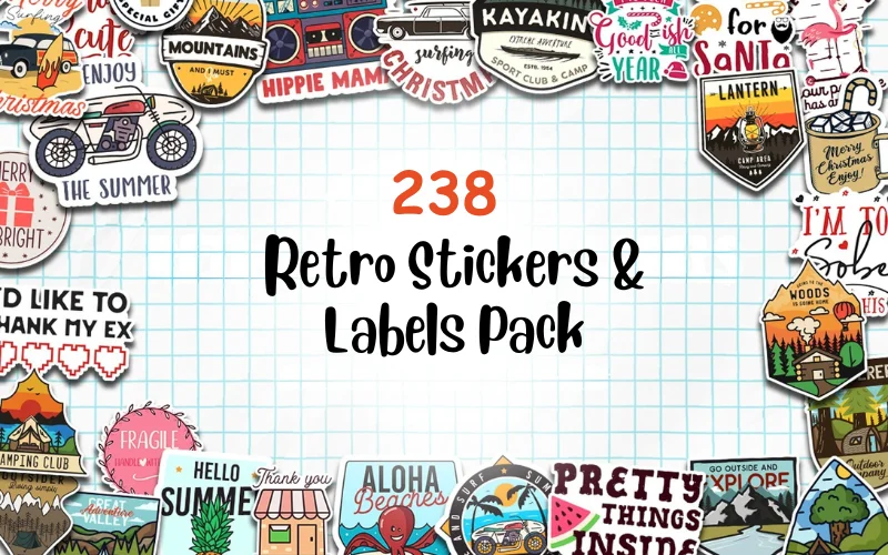 200+ Retro Stickers and Labels Pack | Extended Commercial License