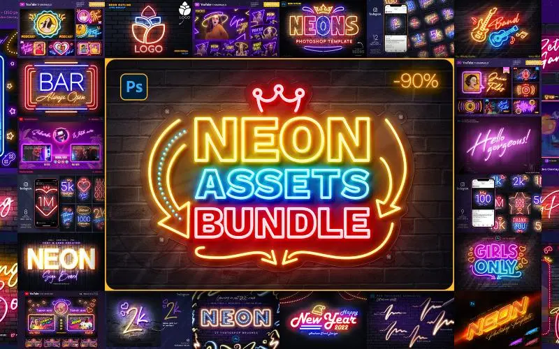 250+ Neon Effect Photoshop Templates Bundle - Extended License