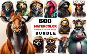 600 Animals in Hoodies Watercolor Images Bundle | Extended Commercial License
