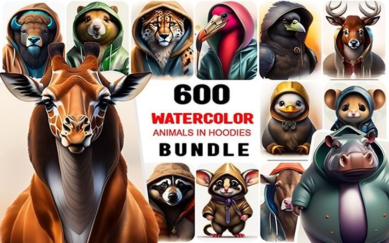 600 Animals in Hoodies Watercolor Images Bundle | Extended Commercial License
