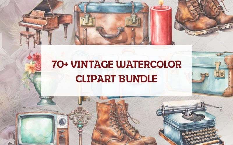 70+ Vintage Watercolor Clipart Images Bundle | Commercial License
