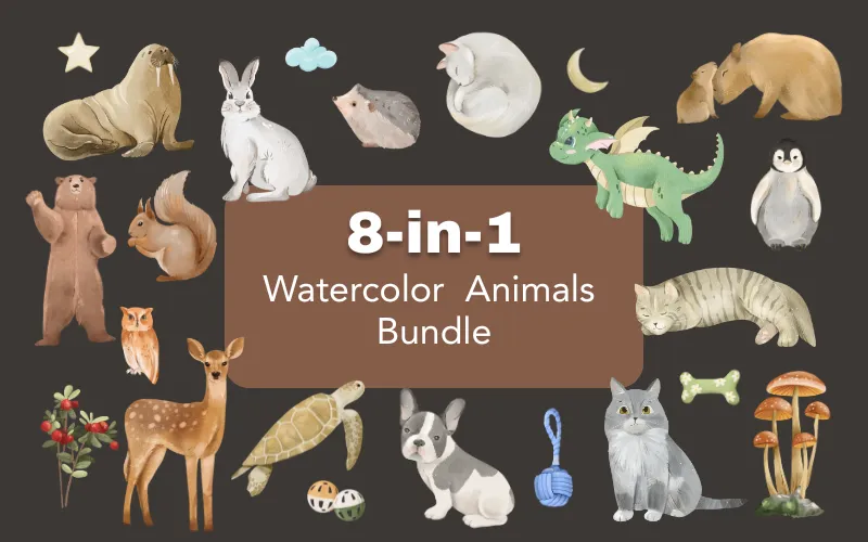 8-in-1 Watercolor Animals Bundle | Commercial License