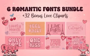 8 Romantic Fonts Bundle (+32 Bonus Love Cliparts)| Commercial License