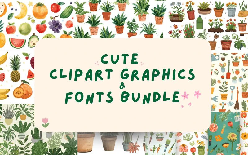 Cute Clipart Graphics & Fonts Bundle | Commercial License