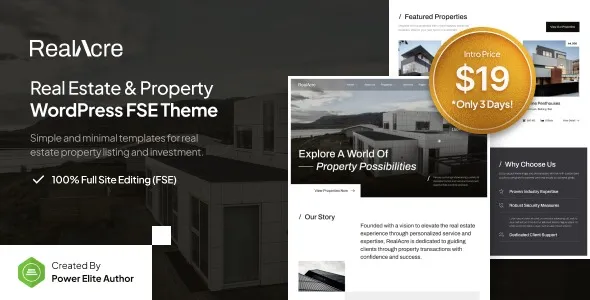 RealAcre – Real Estate & Property Full Site Editing WordPress Theme 95% OFF